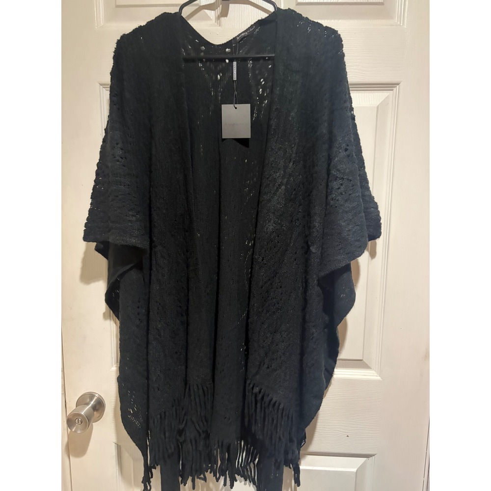 Do Everything in Love Open-Front Crochet Fringe Poncho in Black